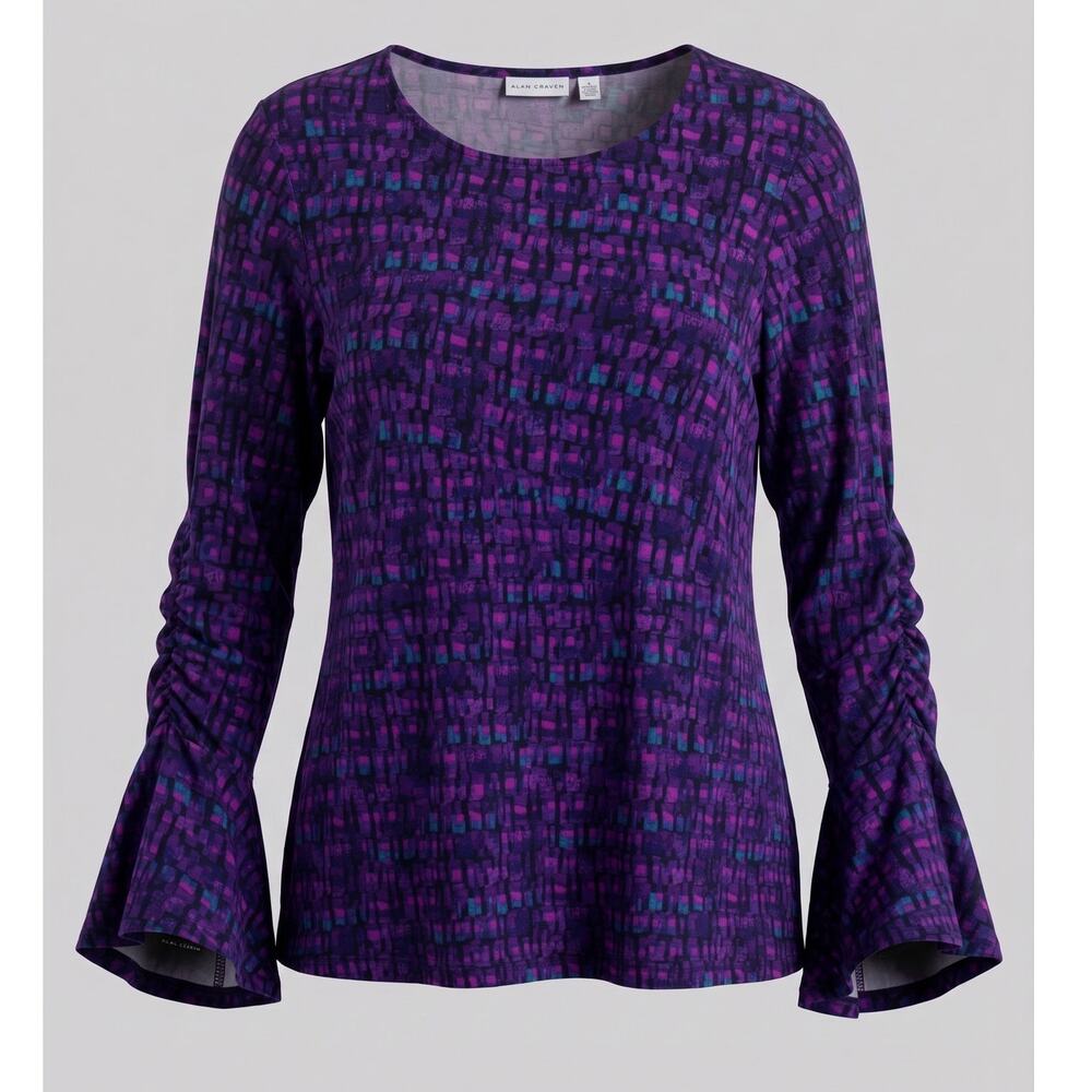Susan Graver Womens 2X Artsy Retro Modern Eclectic Ruched Bell Sleeve Tunic Top
